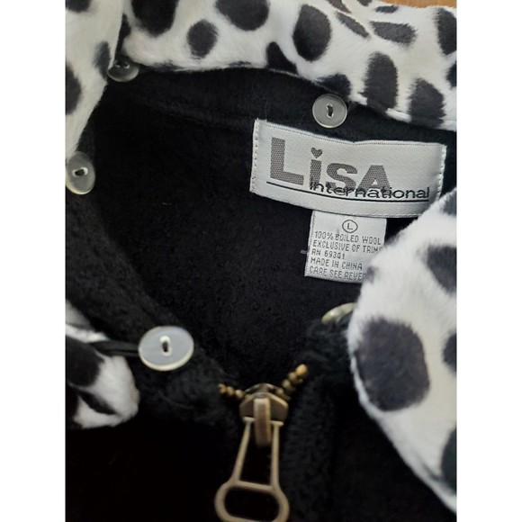 Lisa International Black Wool Dalmation Puppy Spotted Zipup Vest Size Large - Picture 3 of 6